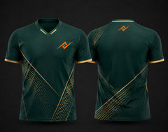 Front and back view of an emerald green custom V-neck cricket jersey featuring elegant gold geometric graphics with a custom chest logo and back neck logo.