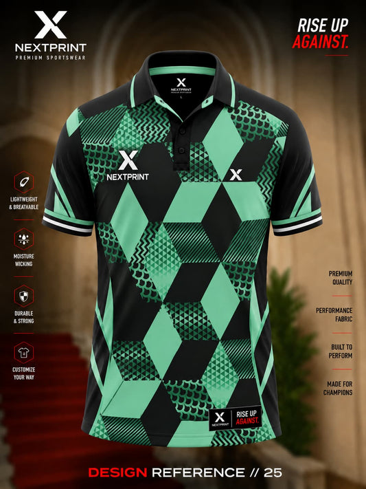 Premium emerald green and black geometric hexagon polo cricket jersey with breathable dry-fit performance fabric.