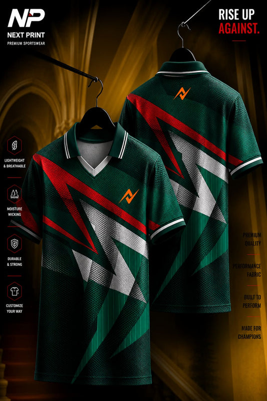 Front and back view of an emerald green polo sports jersey with red, white, and black geometric graphics made from premium dry-fit performance fabric.