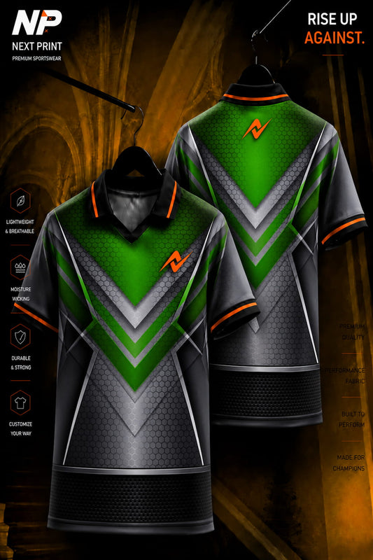 Front and back view of an emerald green and grey honeycomb polo sports jersey with V-shaped graphics and premium dry-fit fabric.