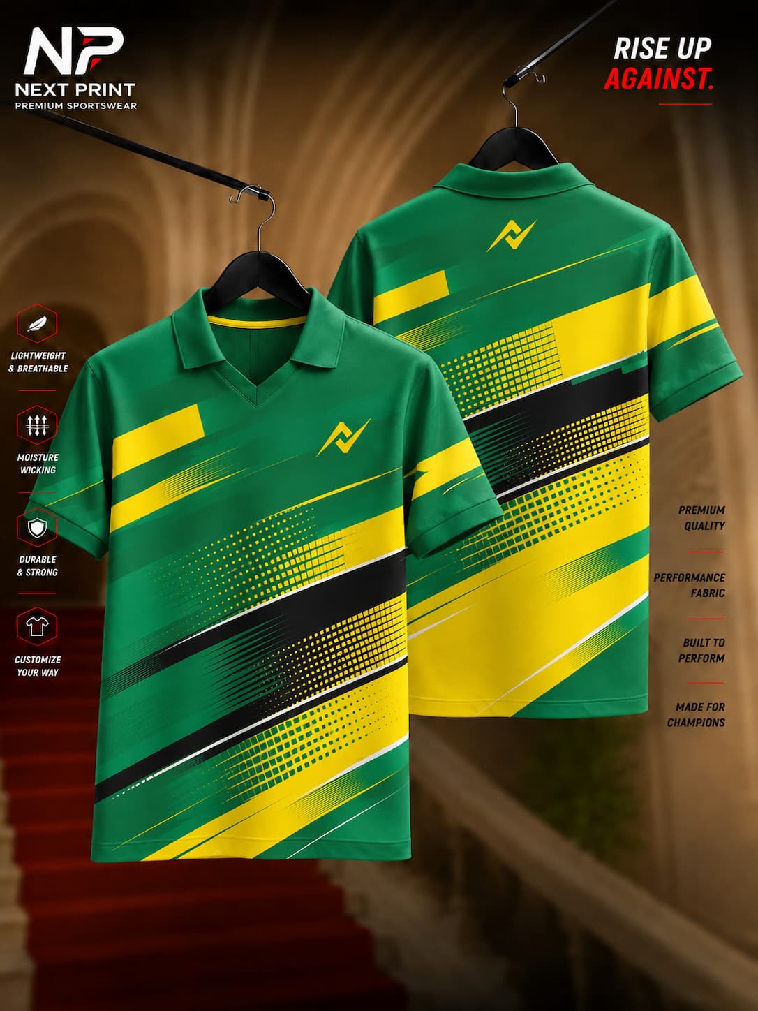 Energy Flow green and yellow custom performance polo sports jersey with modern geometric design, front and back view.