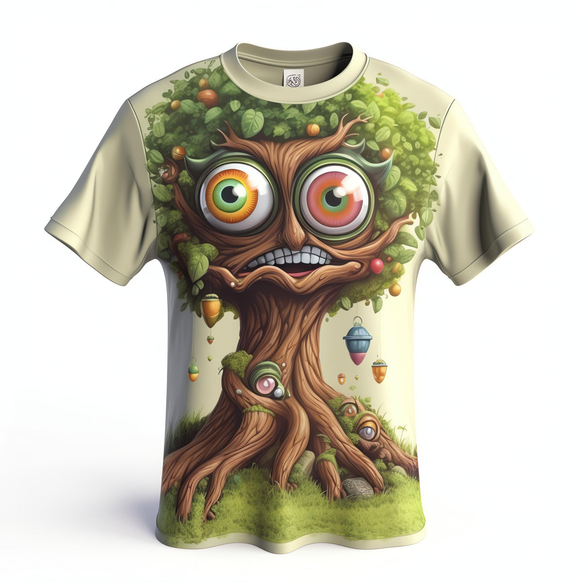 Next Print  t - shirt that has a tree with a face and a monster on it