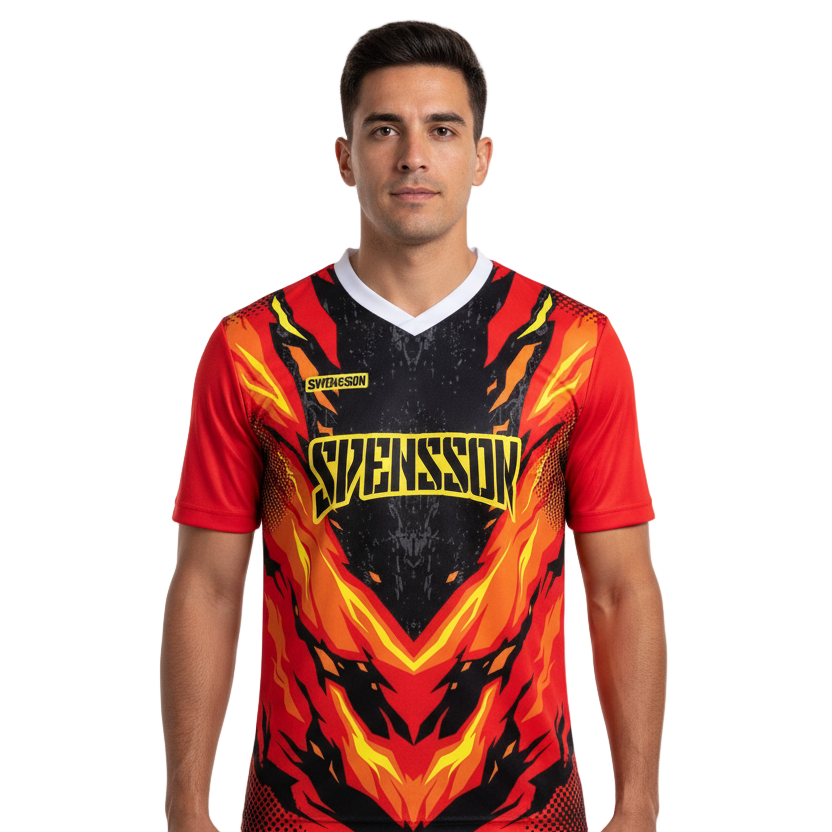 Next Print Fiery Soccer Jersey Design with Abstract Flames and Sponsor Logo