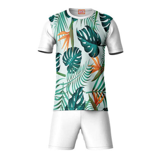 Printed floral pattern sports t-shirt with white shorts front view for men