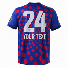  Kansas City blue soccer jersey with red dot pattern and white tournament graphic