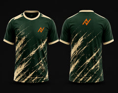 Front and back view of a forest green and beige round neck cricket jersey featuring an artistic paint splash design with orange chest and back logos.
