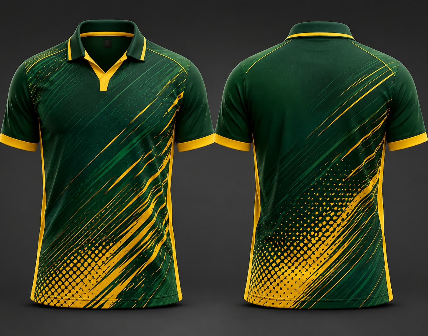 Forest green and gold V-neck polo cricket jersey front and back premium sublimation team uniform