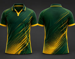 Forest green and gold V-neck polo cricket jersey front and back premium sublimation team uniform