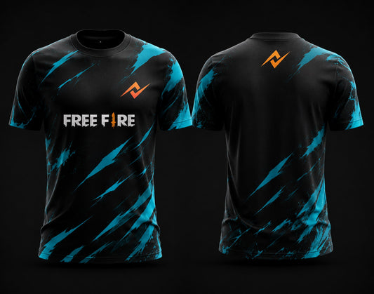 Front and back view of Free Fire Arctic Strike black and cyan round neck esports jersey featuring cyan energy streak graphics with side chest logo and lower back neck branding.