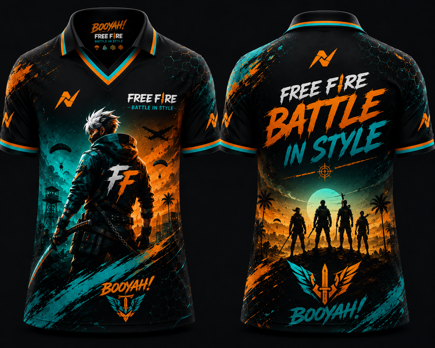 Free Fire Battle In Style Teal and Orange Gaming Jersey Front and Back V Neck Polo Custom Esports Jersey by NextPrint