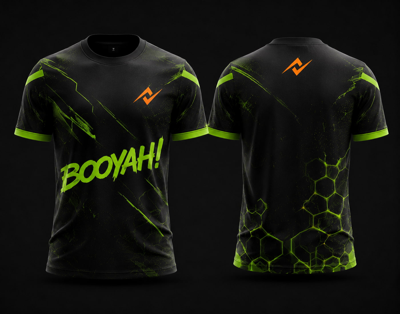 Front and back view of Free Fire Booyah X black and neon green round neck esports jersey featuring BOOYAH text graphics with side chest logo and lower back neck branding.