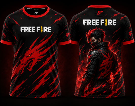Front and back view of Free Fire Crimson Dragon Character round neck esports jersey featuring a red dragon graphic on the front and a futuristic warrior character on the back.