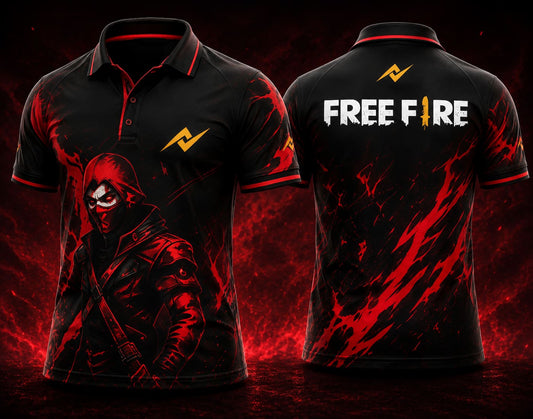 Front and back view of Free Fire Crimson Phantom black and red polo collar esports jersey featuring front chest logo and back neck logo placement.