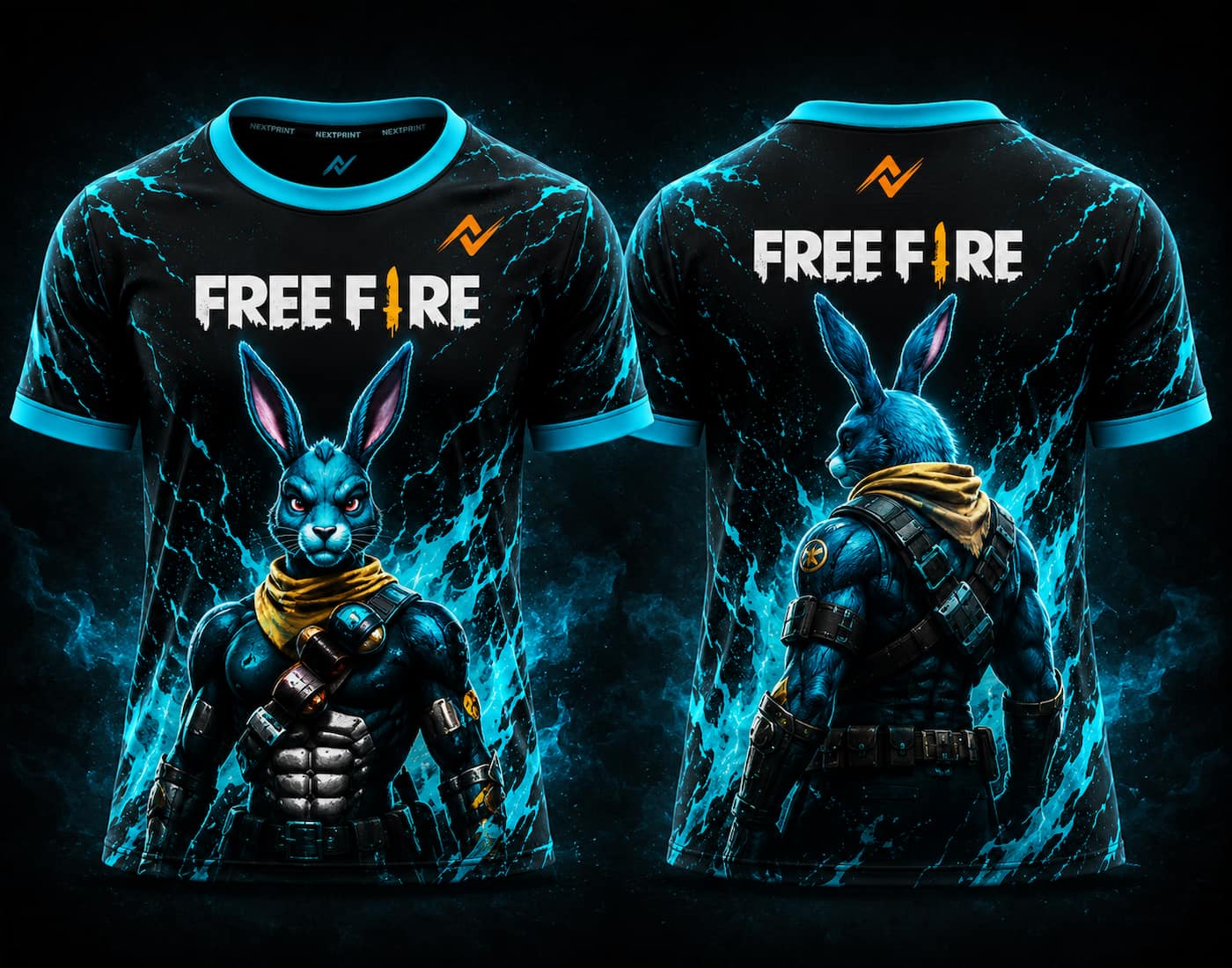 Front and back view of Free Fire Cyber Bunny Warrior esports jersey featuring a futuristic blue rabbit soldier design with glowing energy effects and NextPrint logo placement.
