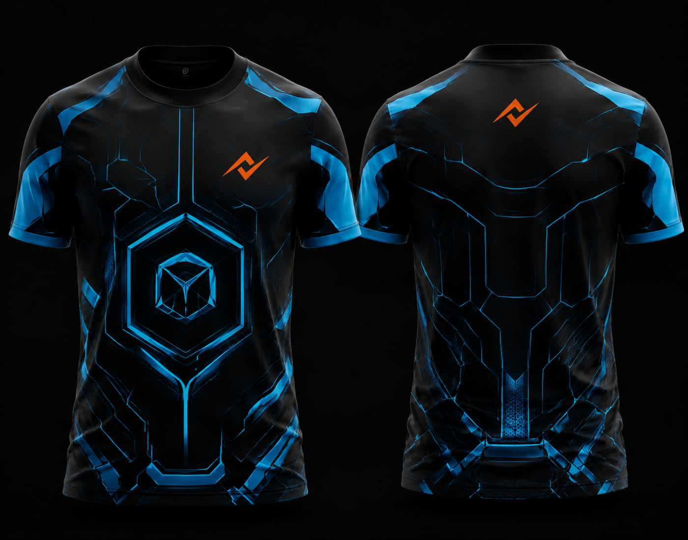 Front and back view of Free Fire Cyber Core black and blue round neck esports jersey featuring futuristic cyber armor graphics with side chest logo and lower back neck branding.