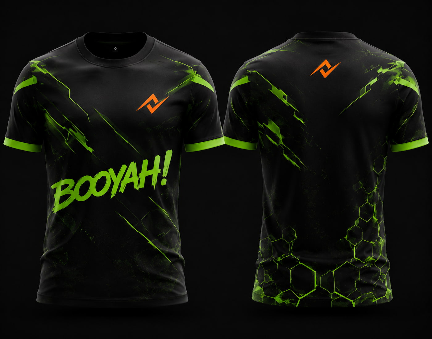 Front and back view of Free Fire Elite Force black white and gold round neck esports jersey featuring FF emblem graphics with side chest logo and lower back neck branding.
