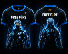 Front and back view of Free Fire Frost Phantom esports jersey featuring a futuristic blue cyber assassin character with electric lightning effects and NextPrint logo placement.