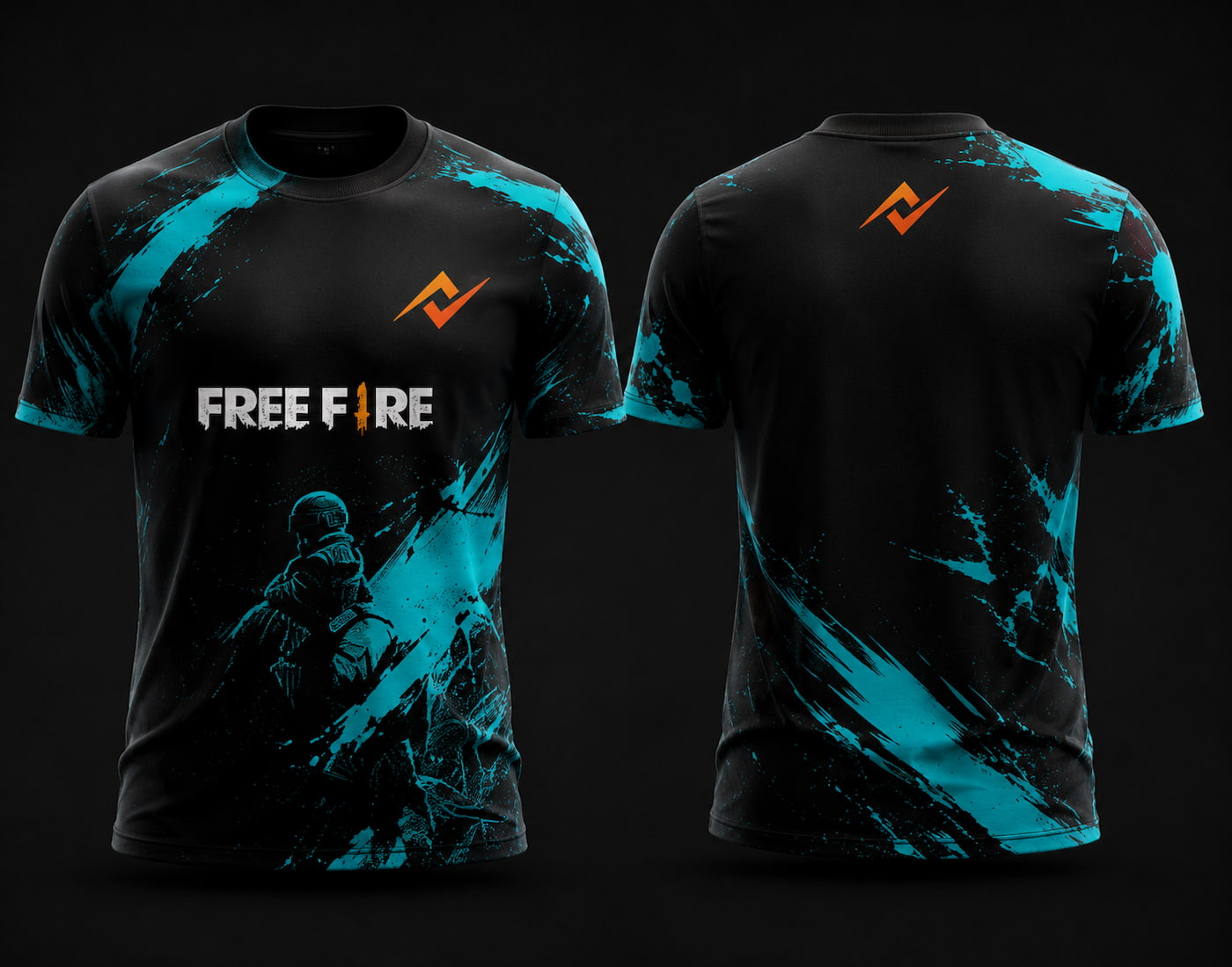 Front and back view of Free Fire Frost Warrior black and cyan round neck esports jersey featuring tactical soldier artwork with side chest logo and lower back neck branding.