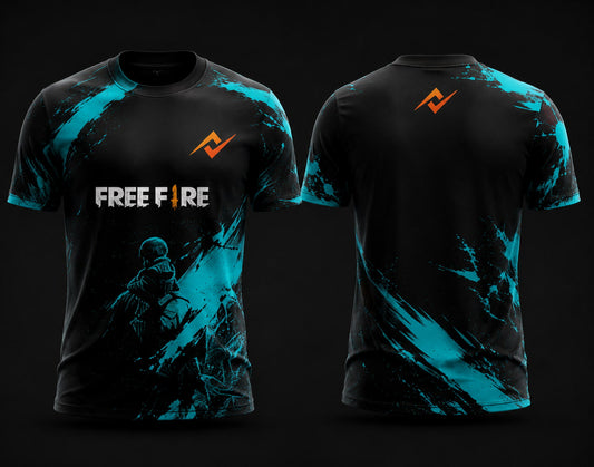 Front and back view of Free Fire Frost Warrior black and cyan round neck esports jersey featuring tactical soldier artwork with side chest logo and lower back neck branding.