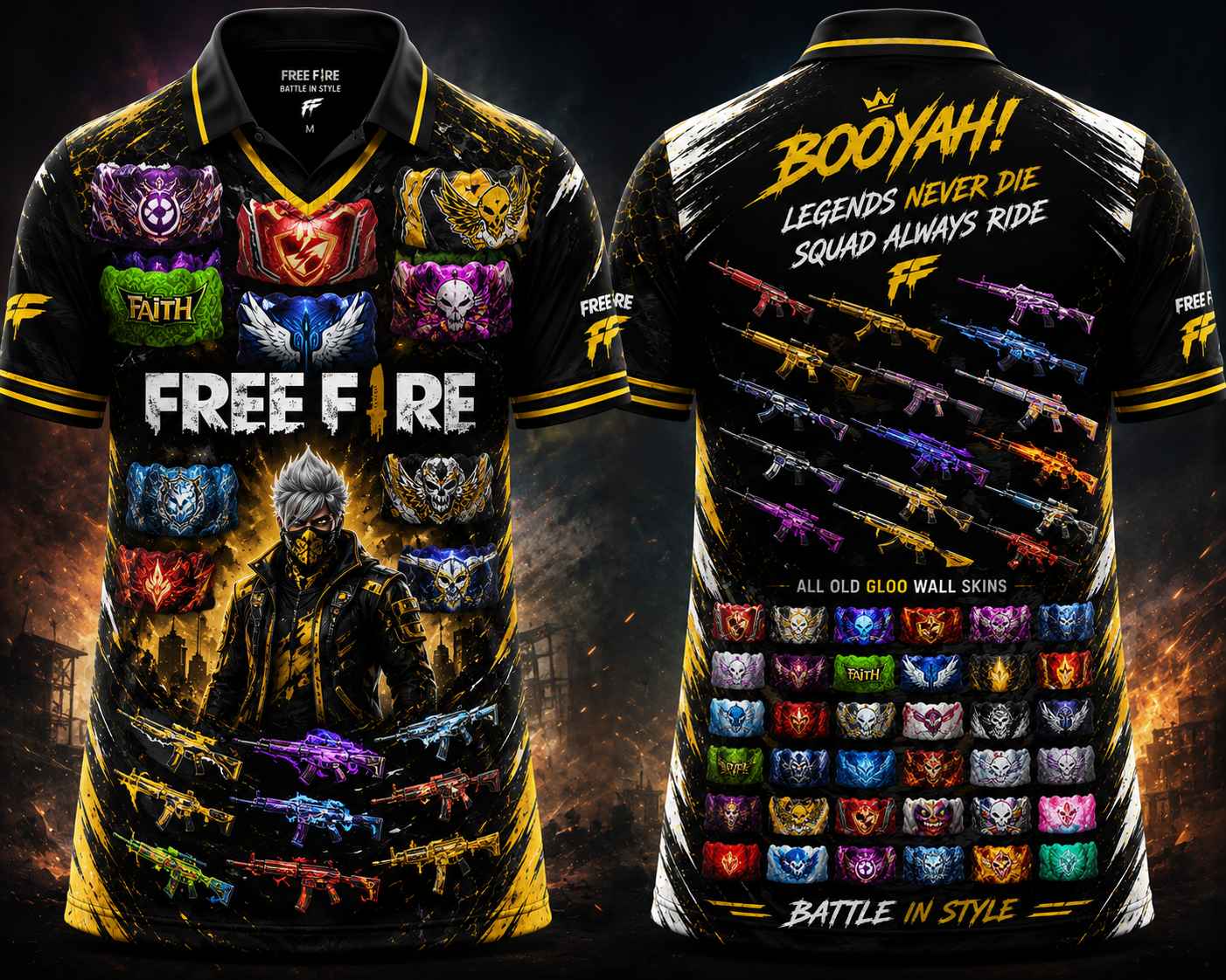 Black and gold Free Fire inspired esports jersey featuring collectible gloo wall graphics, weapon skin artwork, V-neck polo collar, and gaming-themed front and back design.