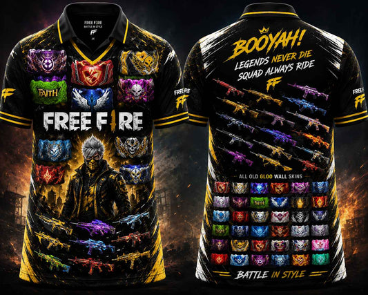 Black and gold Free Fire inspired esports jersey featuring collectible gloo wall graphics, weapon skin artwork, V-neck polo collar, and gaming-themed front and back design.