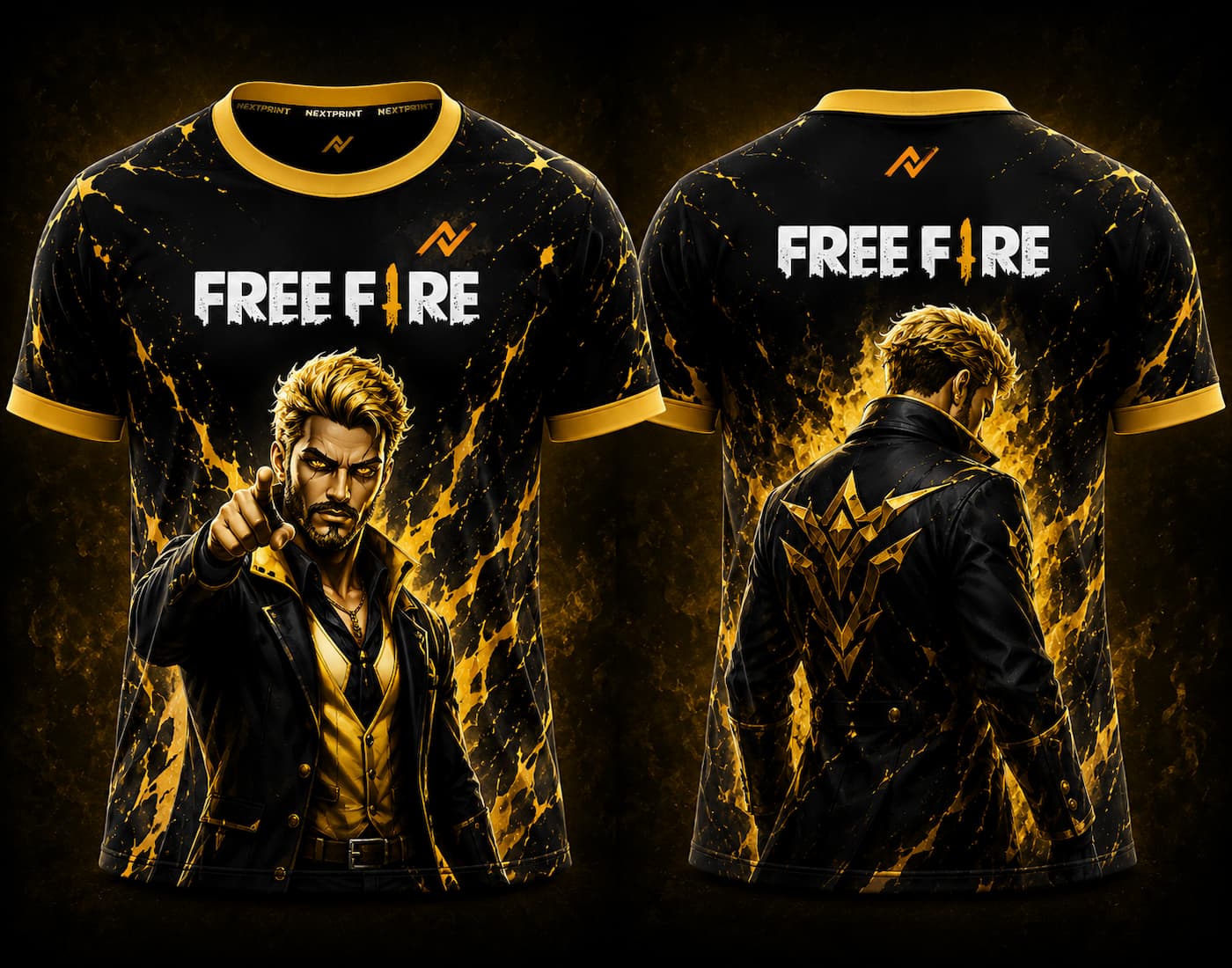 Front and back view of Free Fire Golden Commander character round neck esports jersey featuring a premium black and gold design with NextPrint logo placement on the chest and back neck.