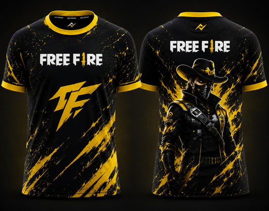 Front and back view of Free Fire Gunslinger Shadow character round neck esports jersey featuring a black and gold color scheme with a masked gunslinger character design.