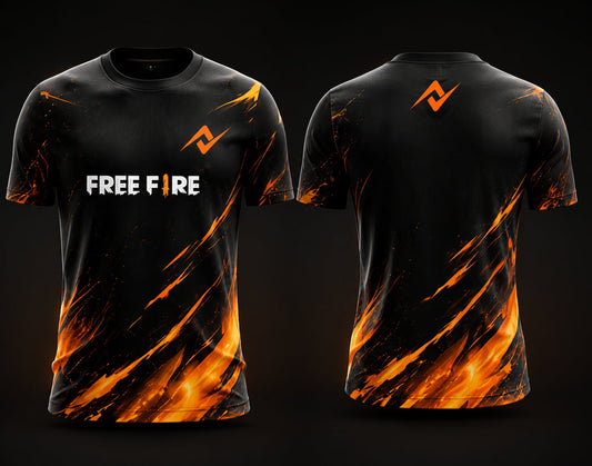 Front and back view of Free Fire Inferno Blaze black and orange round neck esports jersey with custom logo placement.