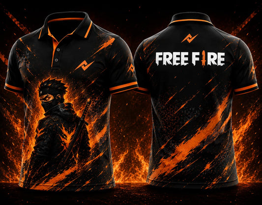 Front and back view of Free Fire Inferno Ninja black and orange polo collar esports jersey featuring chest logo and back neck logo placement.