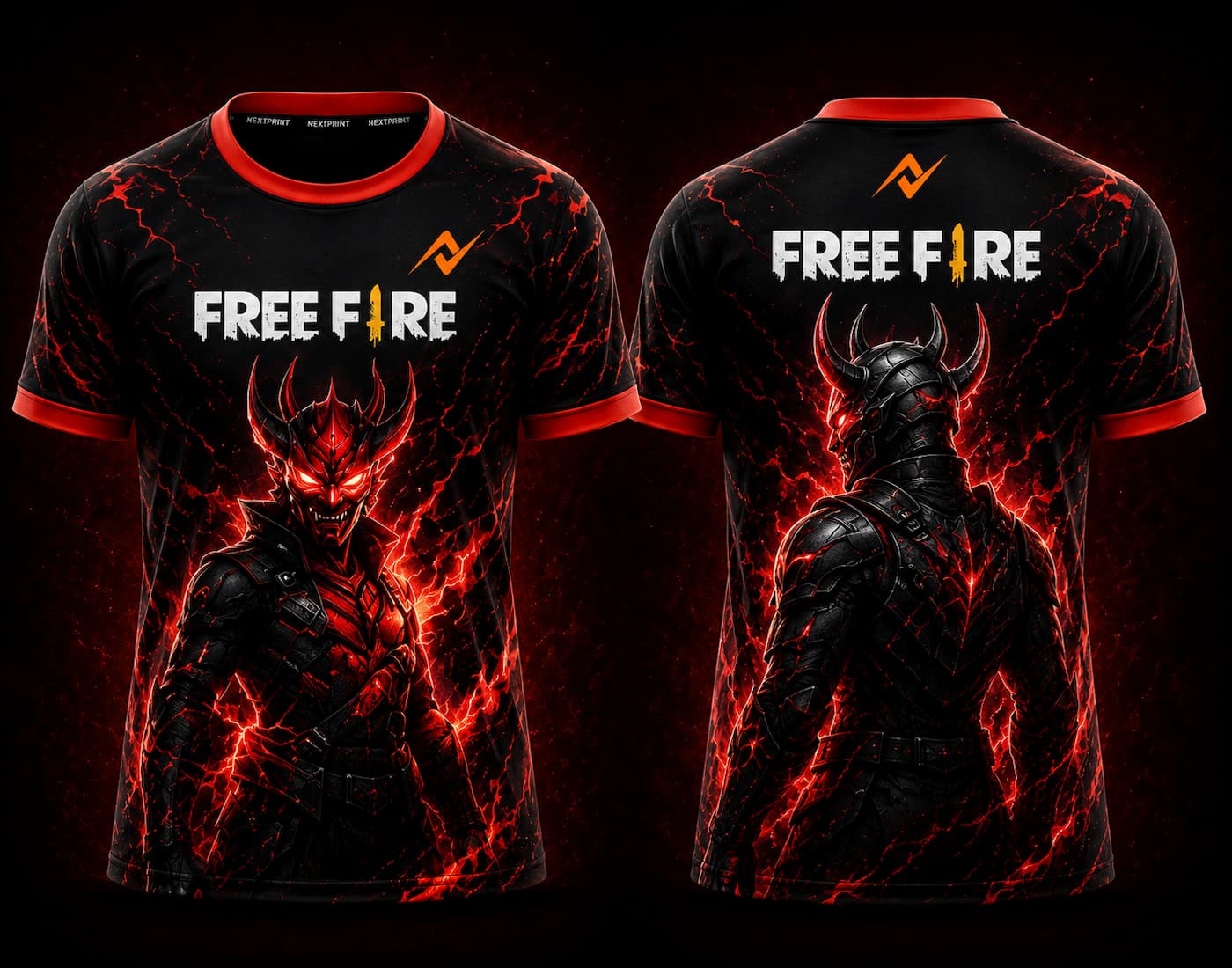 Front and back view of Free Fire Inferno Oni Character esports jersey featuring a red demon warrior design with lightning effects and NextPrint logo placement on the chest and back neck.