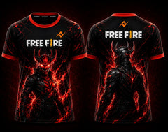 Front and back view of Free Fire Inferno Oni Character esports jersey featuring a red demon warrior design with lightning effects and NextPrint logo placement on the chest and back neck.
