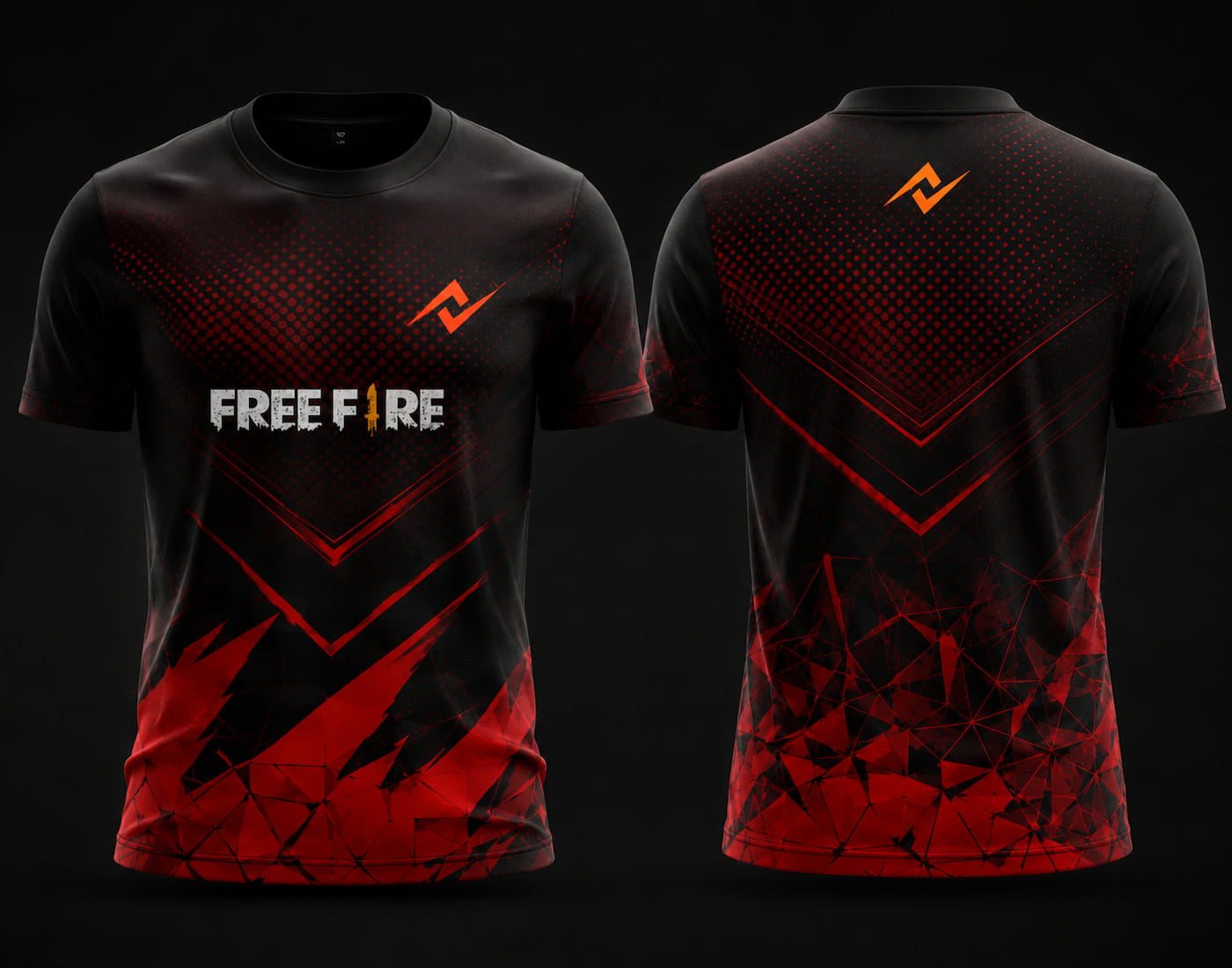 Front and back view of Free Fire Inferno Vortex black and red round neck esports jersey featuring red V-shaped graphics with side chest logo and lower back neck branding.