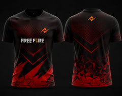 Front and back view of Free Fire Inferno Vortex black and red round neck esports jersey featuring red V-shaped graphics with side chest logo and lower back neck branding.