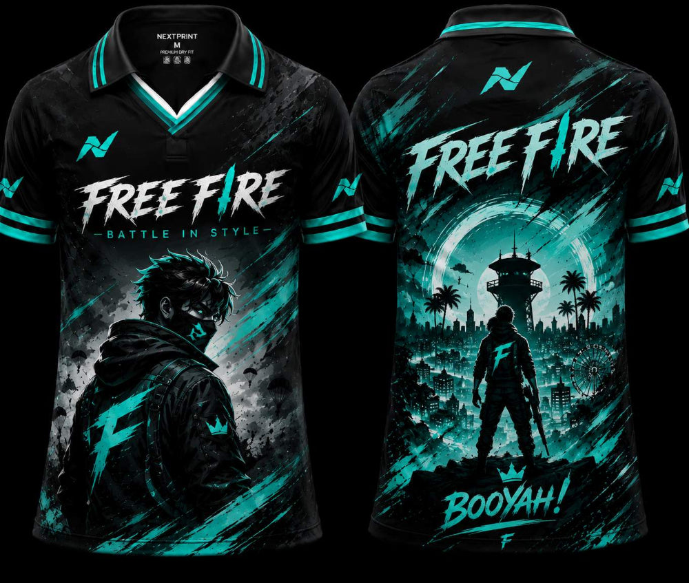 Free Fire themed shirt with character silhouette and 'Booyah!' text on a black background