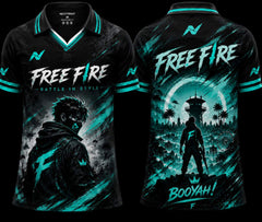 Free Fire themed shirt with character silhouette and 'Booyah!' text on a black background