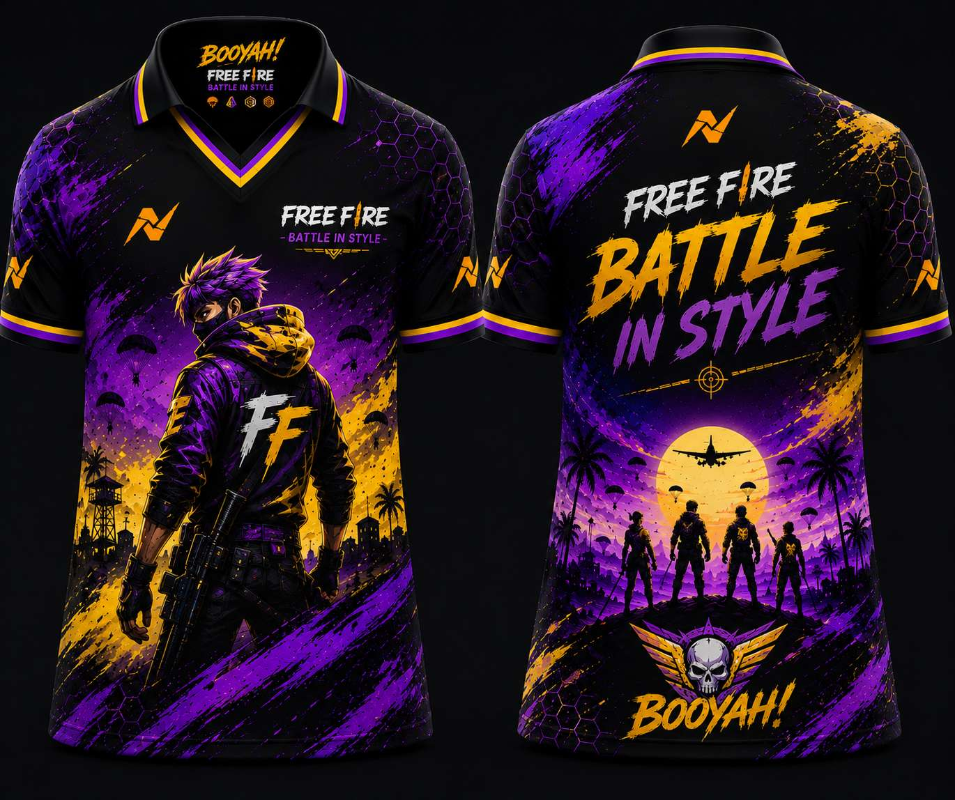 Free Fire Neon Eclipse Purple and Gold Gaming Jersey Front and Back V Neck Polo Custom Esports Jersey by NextPrint