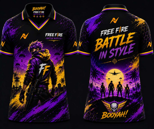Free Fire Neon Eclipse Purple and Gold Gaming Jersey Front and Back V Neck Polo Custom Esports Jersey by NextPrint