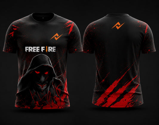 Front and back view of Free Fire Phantom Reaper black and red round neck esports jersey featuring hooded reaper artwork with side chest logo and lower back neck branding.