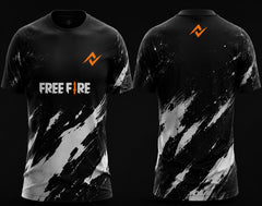 Front and back view of Free Fire Phantom Storm black and white esports jersey with dynamic brush stroke design.