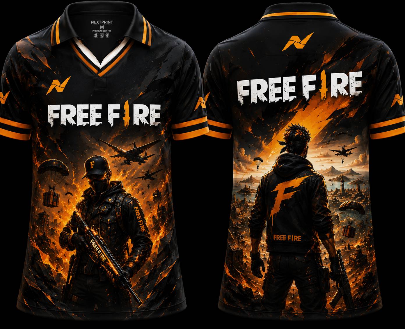 Front and back view of Free Fire premium V-neck polo jersey featuring black and orange battle royale artwork with gaming character and Nextprint logo.