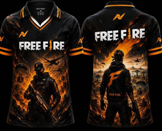 Front and back view of Free Fire premium V-neck polo jersey featuring black and orange battle royale artwork with gaming character and Nextprint logo.