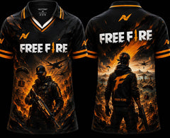 Front and back view of Free Fire premium V-neck polo jersey featuring black and orange battle royale artwork with gaming character and Nextprint logo.