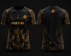 Front and back view of Free Fire Royal Skull black and gold round neck esports jersey featuring crowned skull artwork with side chest logo and lower back neck branding.