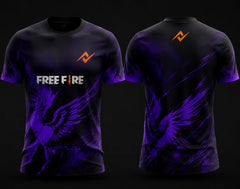 Front and back view of Free Fire Shadow Phoenix black and purple round neck esports jersey featuring phoenix artwork with side chest logo and lower back neck branding.