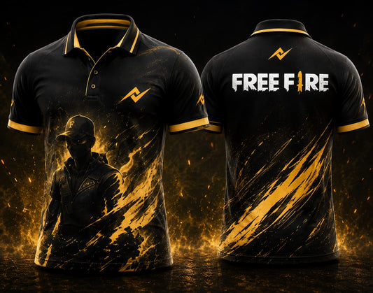 Front and back view of Free Fire Shadow Strike black and gold polo collar esports jersey with side chest logo and back neck logo.
