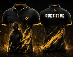 Front and back view of Free Fire Shadow Strike black and gold polo collar esports jersey with side chest logo and back neck logo.