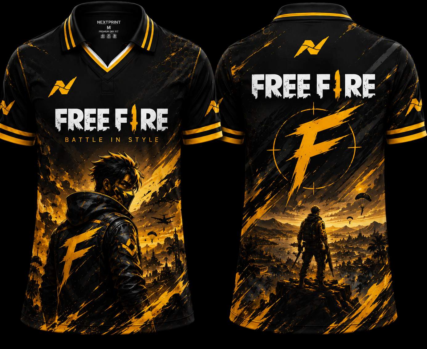 Front and back view of Free Fire Shadow Strike premium V-neck polo jersey featuring black and gold battle royale artwork with tactical character design and Nextprint logos.