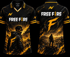 Front and back view of Free Fire Shadow Strike premium V-neck polo jersey featuring black and gold battle royale artwork with tactical character design and Nextprint logos.