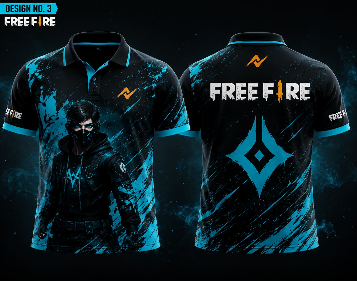 Front and back view of Free Fire Theme Polo Collar Esports Jersey Design No.3 featuring a futuristic black and cyan gaming design with premium sublimation print.