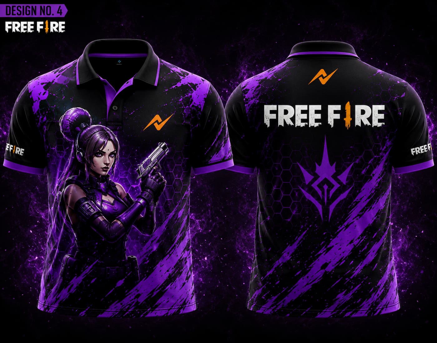 Front and back view of Free Fire Theme Polo Collar Esports Jersey Design No.4 featuring a black and purple Phantom Queen gaming design with premium sublimation printing.